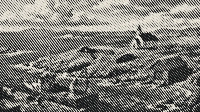 A green headland with a small white church, the ruins of a longhouse and racks of drying fish