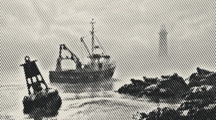 A boat nosing through fog past a rusty bell buoy, seals hauled out on the rocks