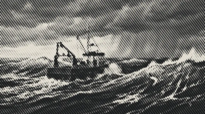 A small fishing boat climbing a big swell under a stormy sky, a gannet diving