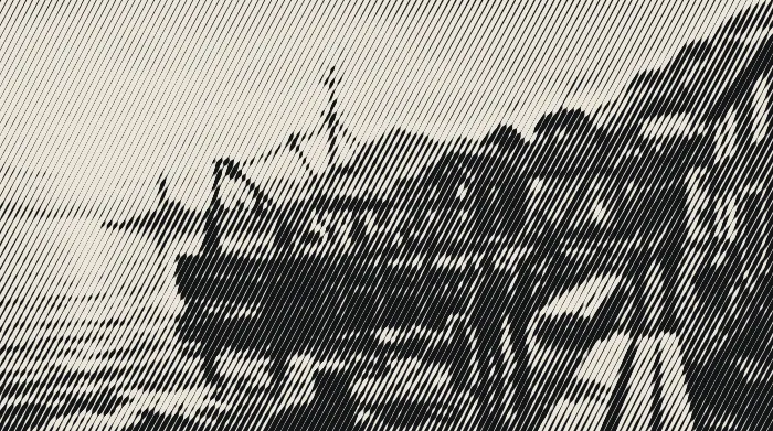 The harbor under the midnight sun, a new pier going up and bunting across the quay
