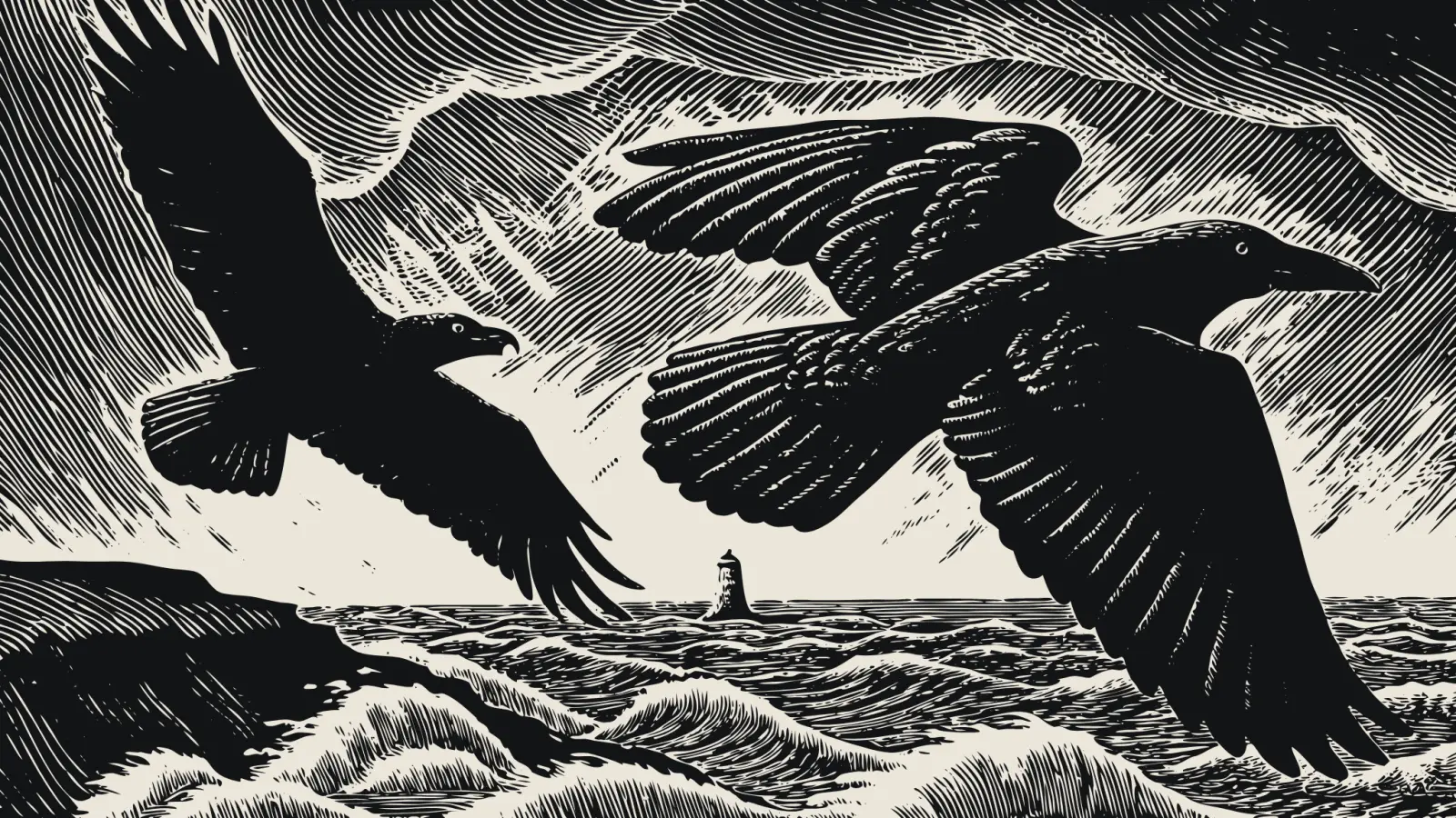 An engraving of two ravens flying over a stormy sea toward a distant lighthouse